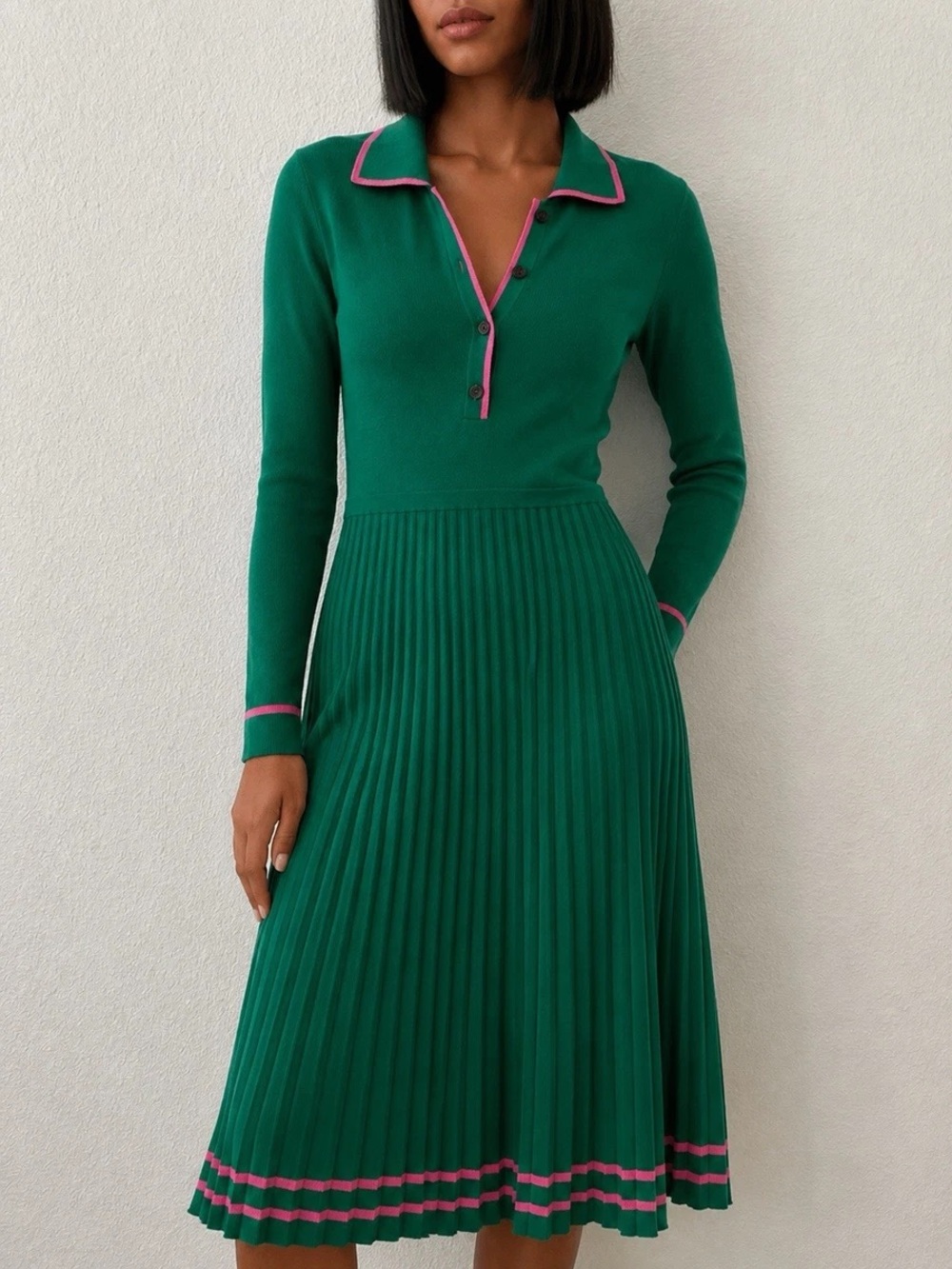 Boden Emerald Green Long-Sleeve Pleated Polo Dress with Pink Trim NWT $168